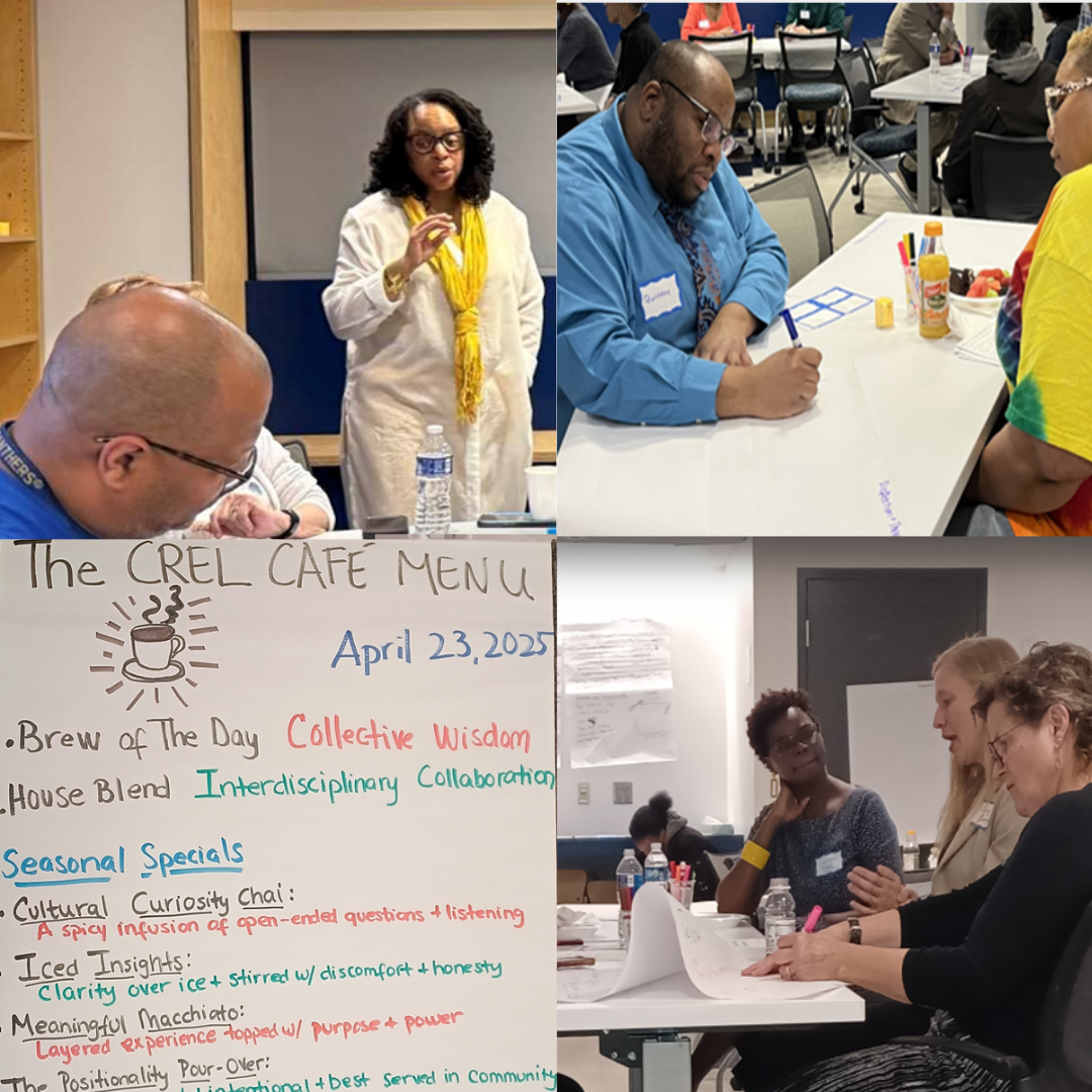 Photos of faculty and community members talking, writing and engaging