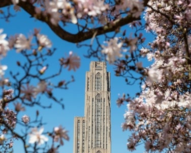 Cathedral of Learning with spring flowers