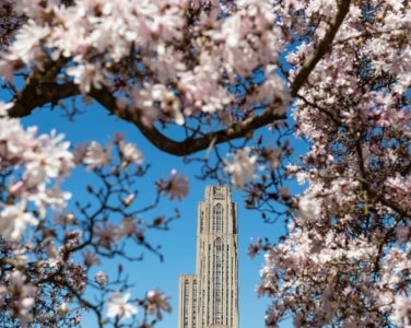 Cathedral of Learning with spring flowers